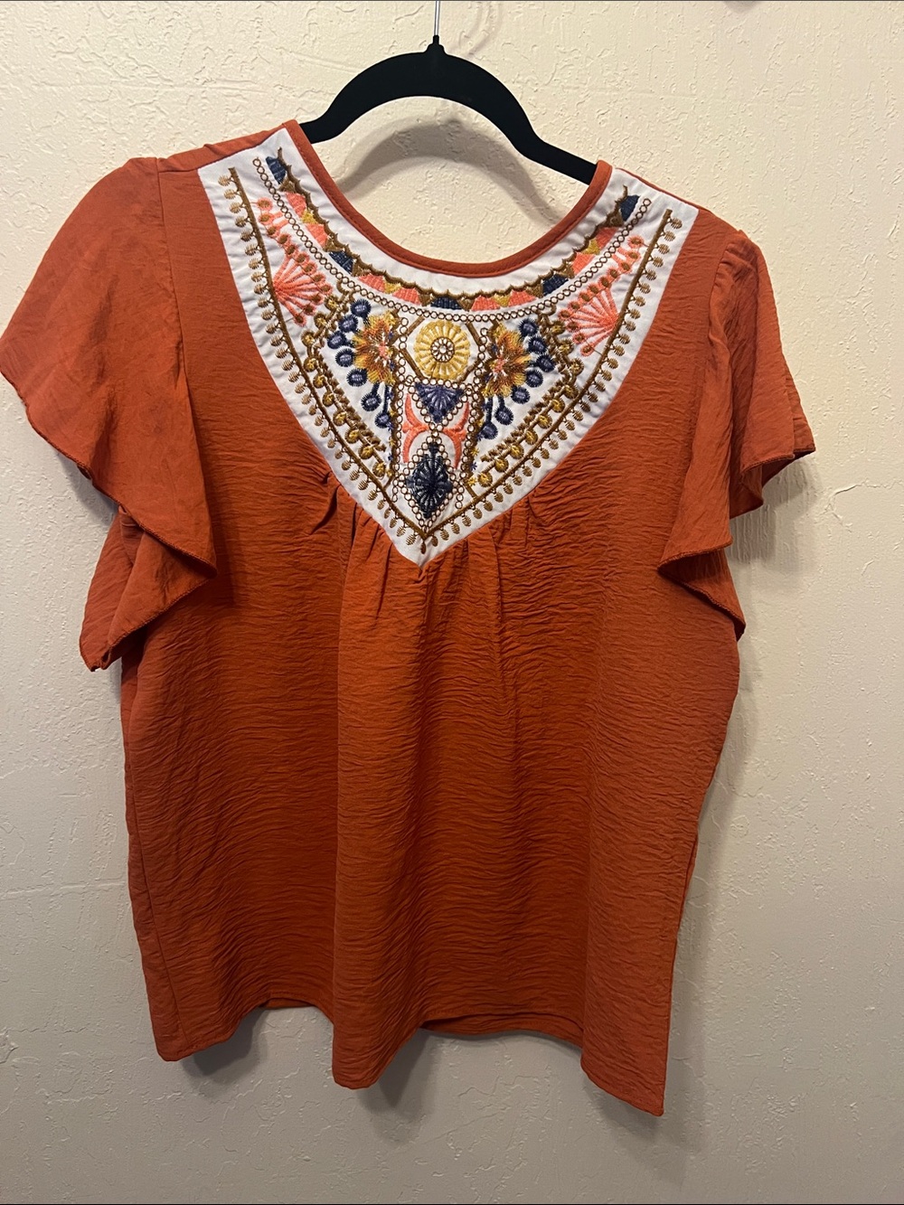 Rust Embroidered Flutter-Sleeve Blouse